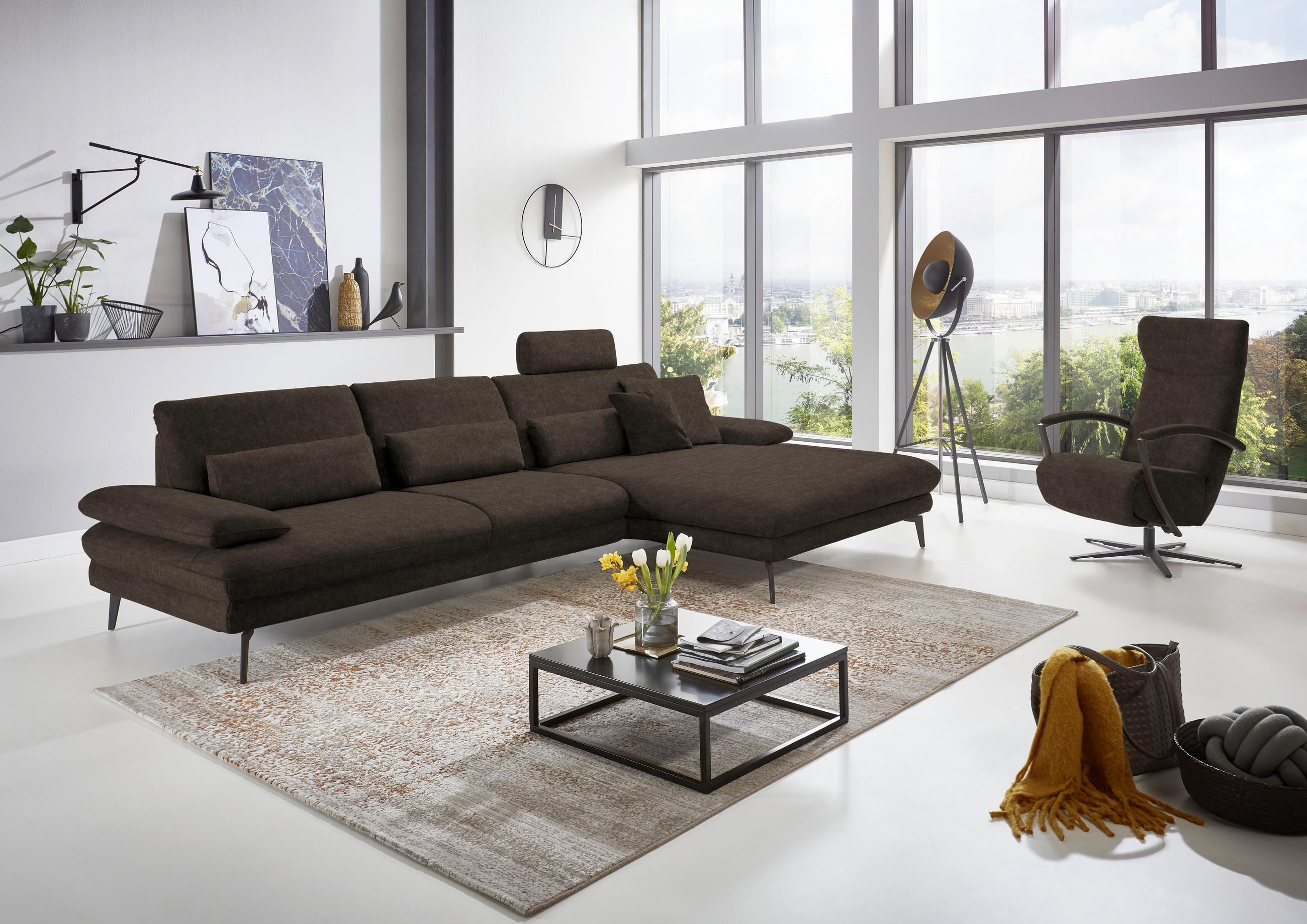 ECKSOFA in Velours Dunkelbraun  - Dunkelbraun/Schwarz, Design, Textil/Metall (310/180cm) - Dieter Knoll
