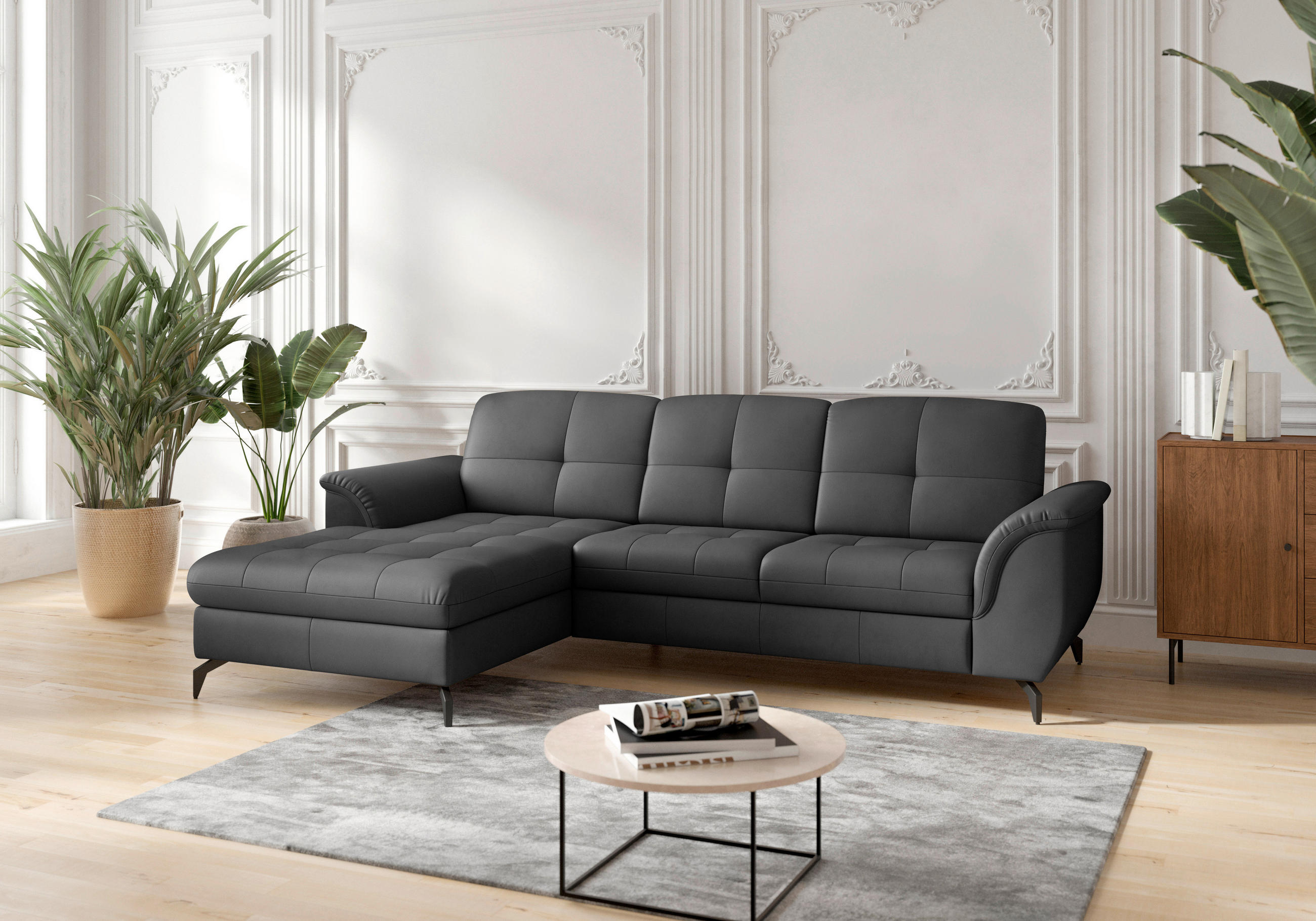 ECKSOFA ZORA E Schwarz Echtleder  - Schwarz, MODERN, Leder/Metall (164/262cm) - Sit & More