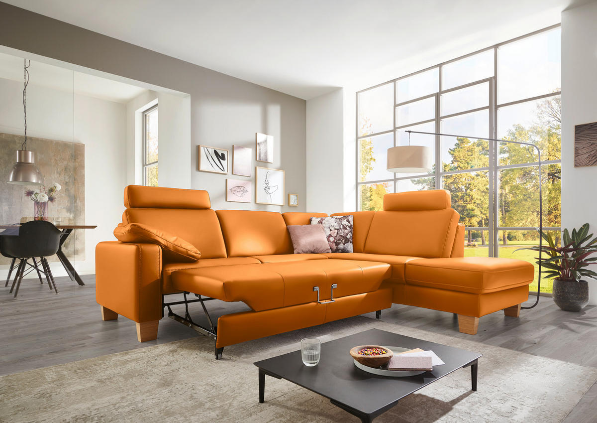 ECKSOFA in Echtleder Currygelb  - Currygelb/Eiche Bianco, Konventionell, Leder/Holz (257/235cm) - Valdera
