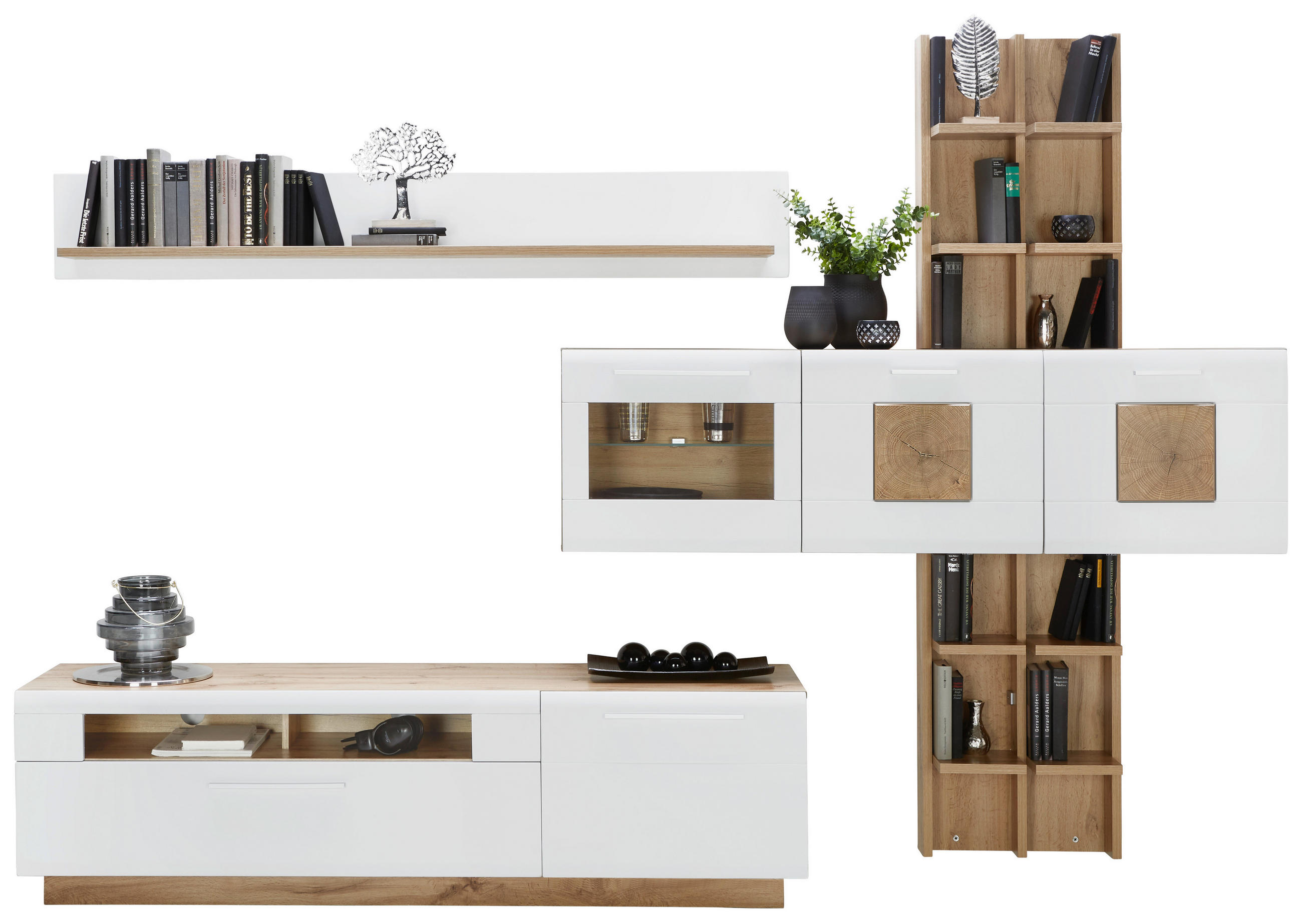 Wohnwand in Weiß, Eichefarben