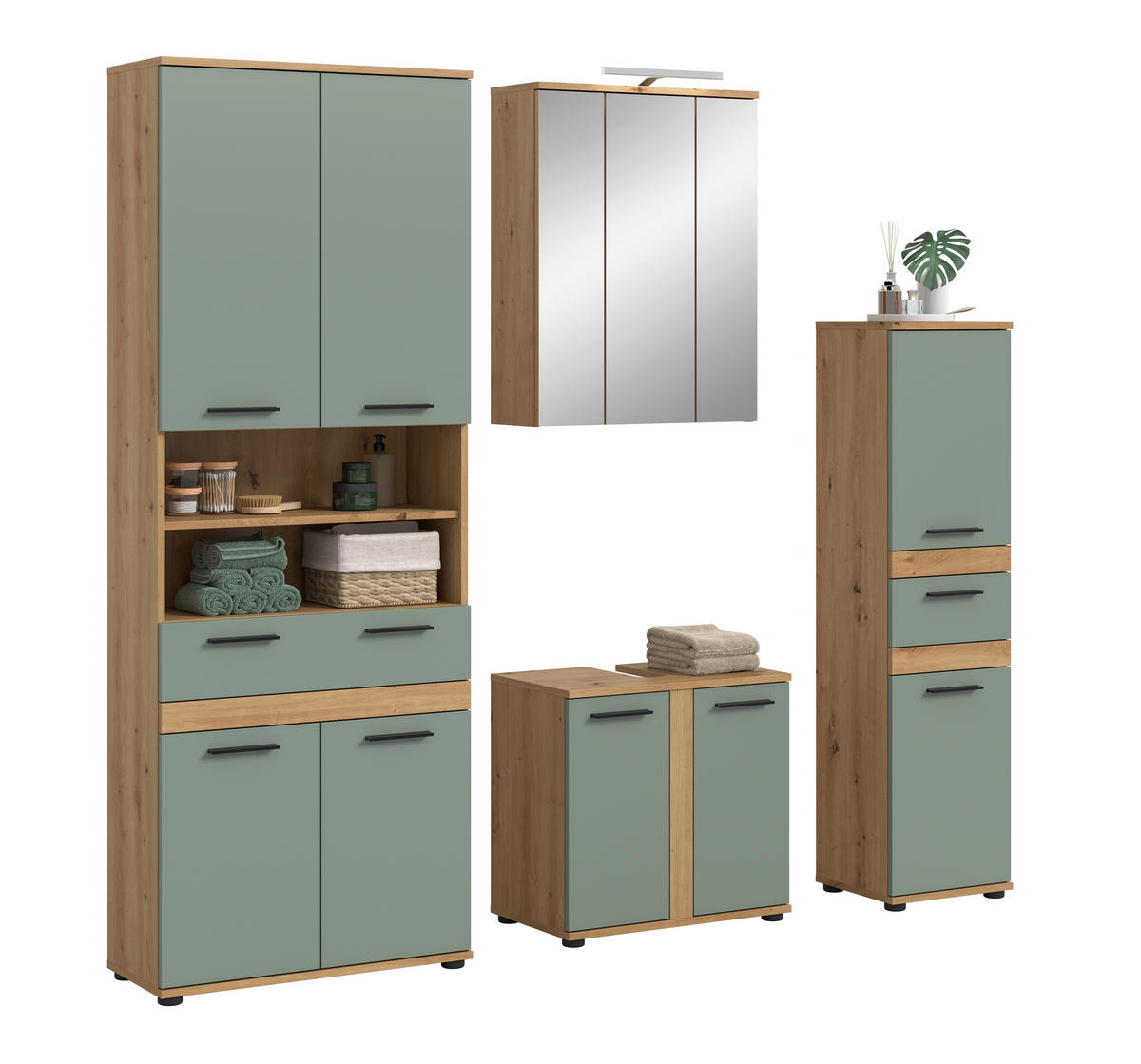 BADEZIMMER 5-teilig  in 145 cm  - Salbeigrün/Schwarz, Trend, Glas/Holzwerkstoff (145cm) - MID.YOU
