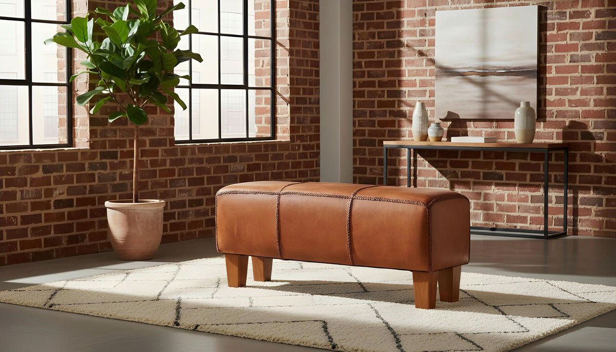 SITZBANK 110/45/35 cm Echtleder Braun, Teakfarben Teakholz massiv  - Braun/Teakfarben, LIFESTYLE, Leder/Holz (110/45/35cm) - Landscape