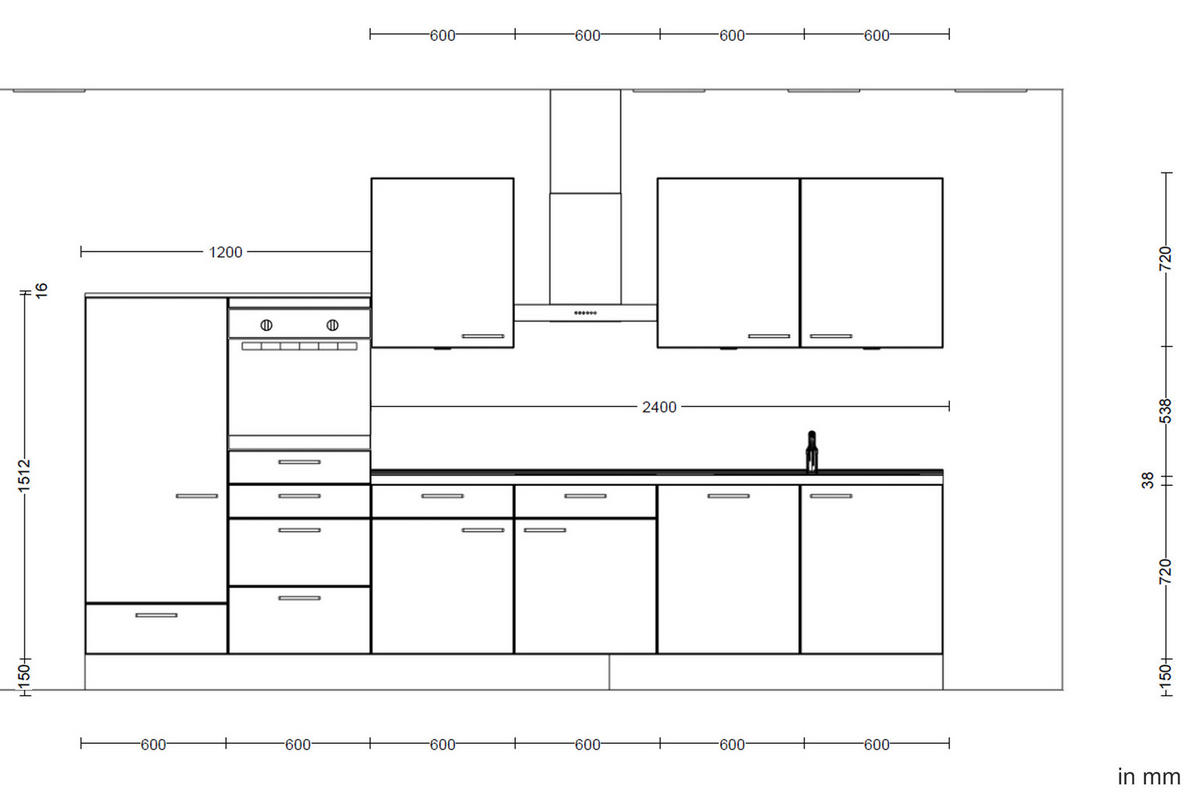 KÜCHENLEERBLOCK 360 cm   in Schwarz, Eichefarben  - Edelstahlfarben/Eichefarben, MODERN, Holzwerkstoff/Metall (360cm) - Nobilia