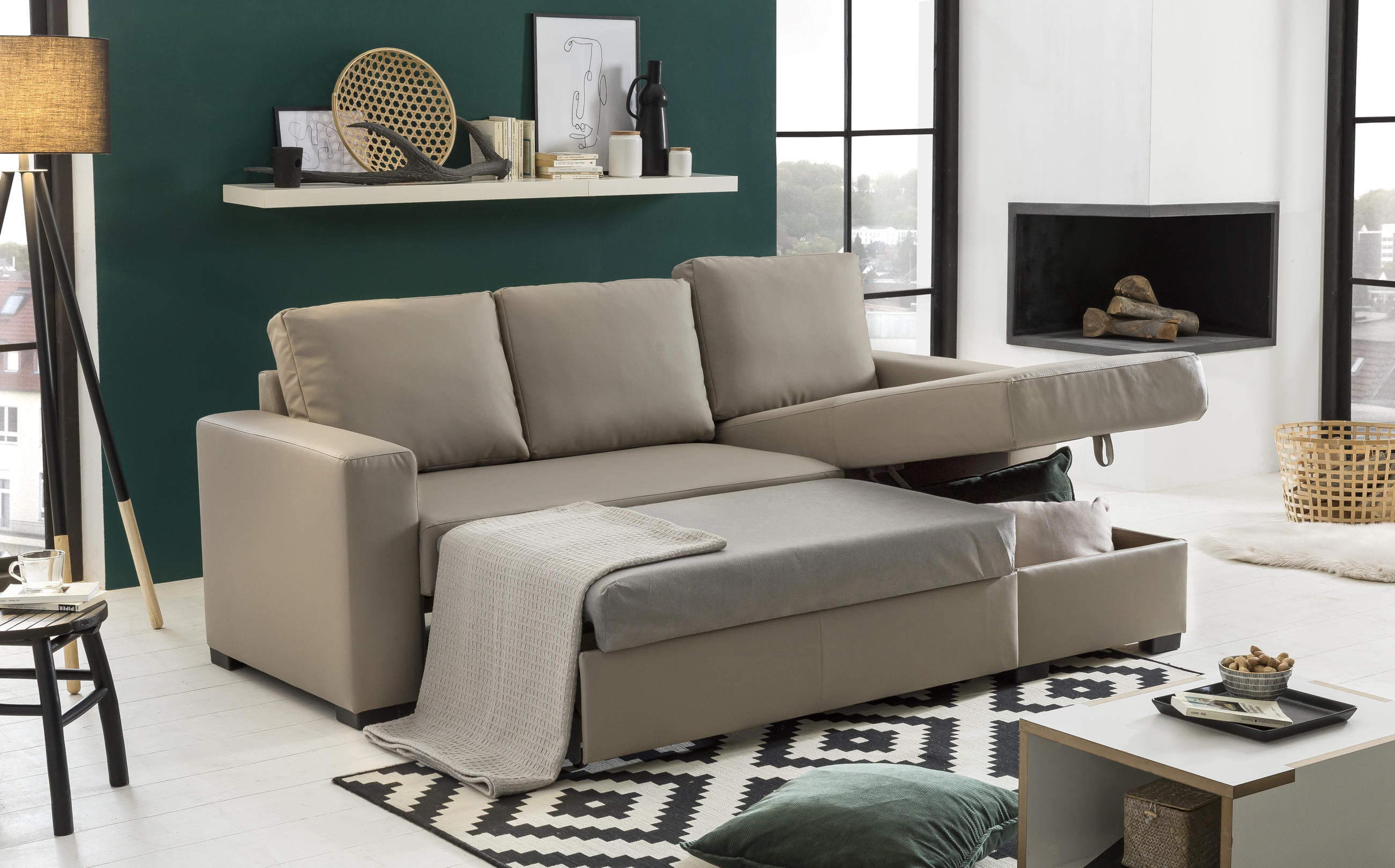 ECKSOFA Sandfarben Lederlook  - Sandfarben, Basics, Kunststoff/Textil (220/150cm) - MID.YOU