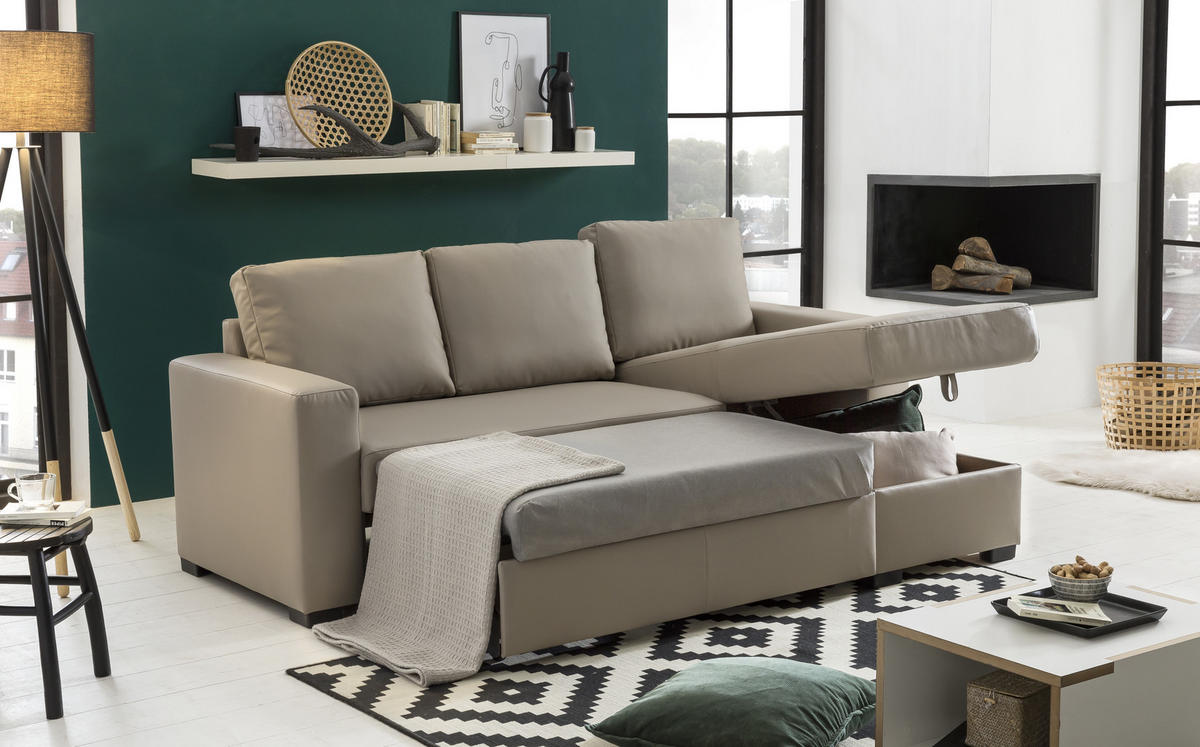 ECKSOFA Sandfarben Lederlook  - Sandfarben, Basics, Kunststoff/Textil (220/150cm) - MID.YOU