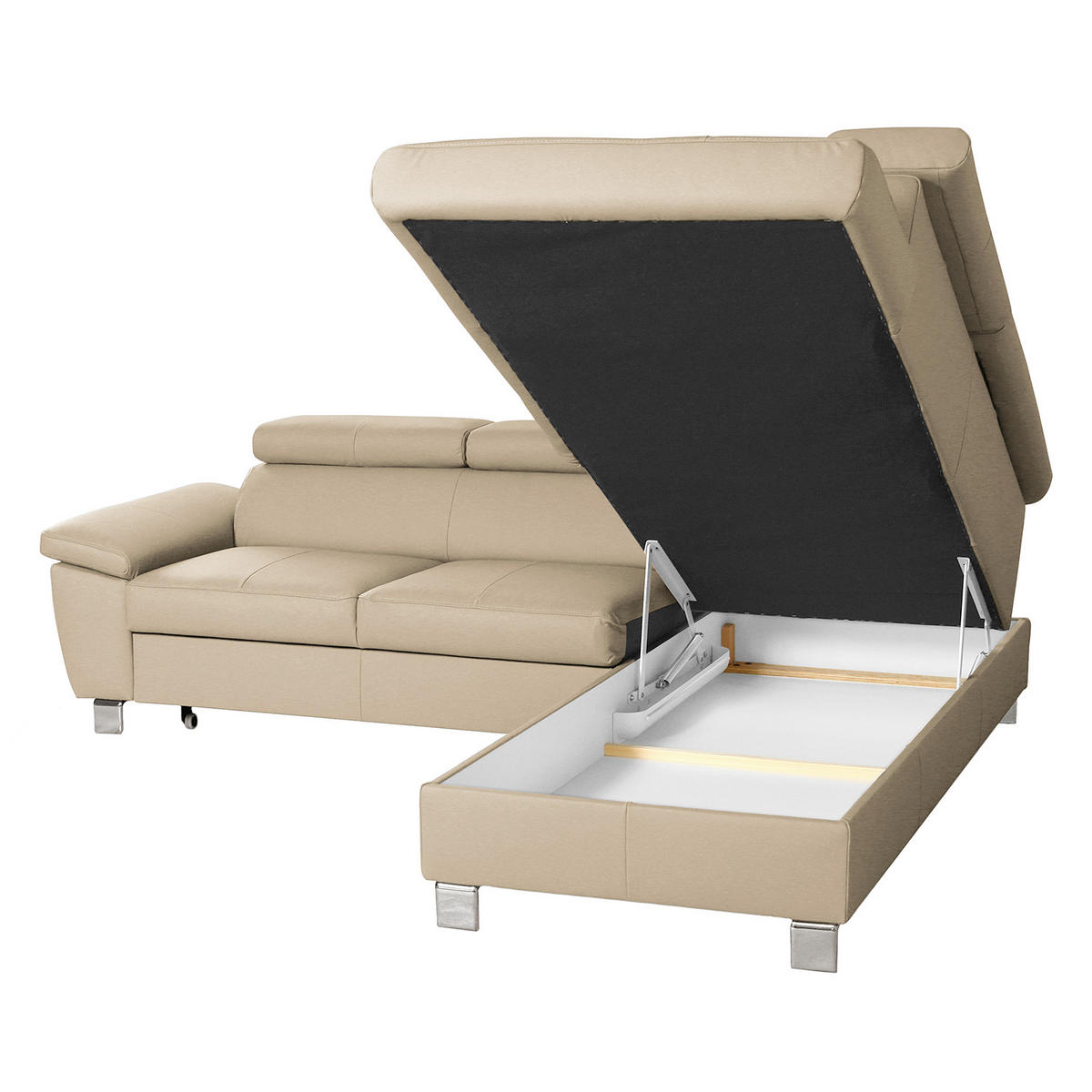 ECKSOFA Beige Echtleder Lederlook  - Chromfarben/Beige, Design, Leder/Textil (248/208cm) - Livetastic