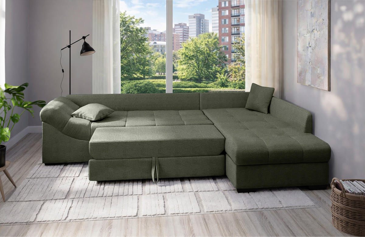 ECKSCHLAFSOFA in Dunkelgrün Textil   - Dunkelgrün/Schwarz, Modern, Holz/Textil (298/202cm) - MID.YOU