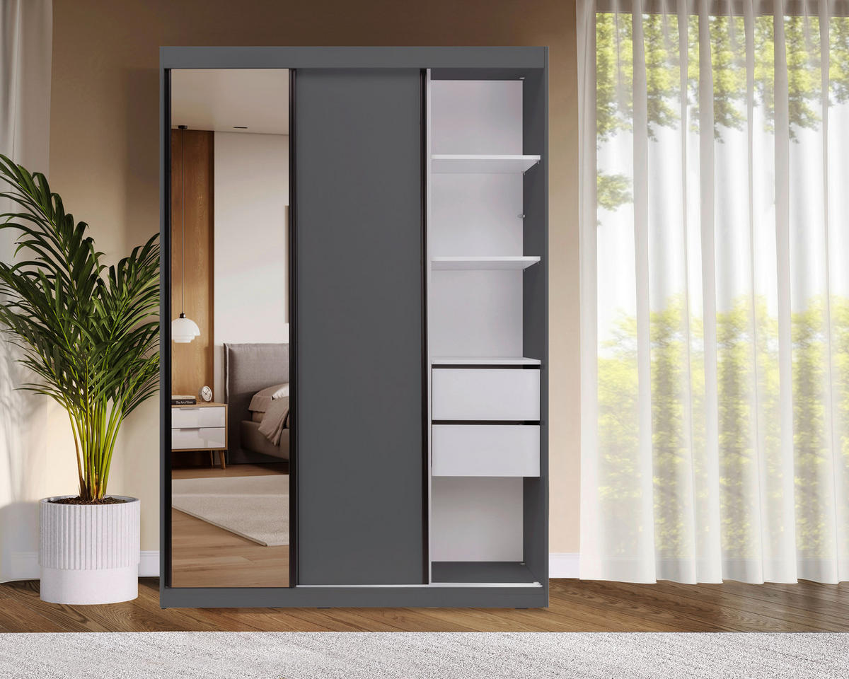 SCHIEBETÜRENSCHRANK 150/215/59,5 cm 3-türig  - Schwarz/Graphitfarben, MODERN, Holzwerkstoff/Metall (150/215/59,5cm) - MID.YOU