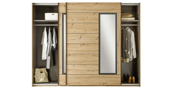 SCHWEBETÜRENSCHRANK in Eiche Artisan - Schwarz/Eiche Artisan, Design, Glas/Holzwerkstoff (270/210/65cm) - Carryhome
