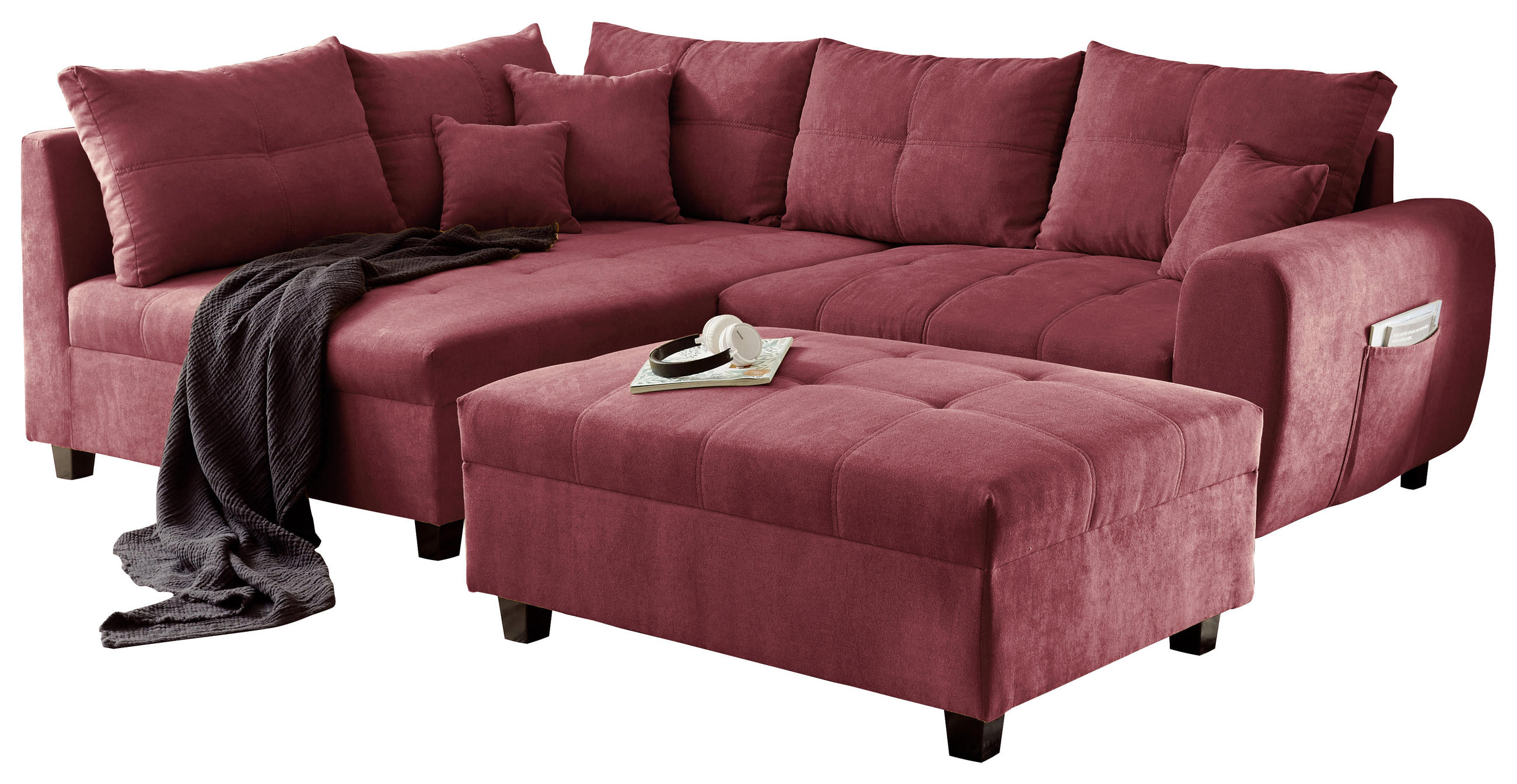 ECKSOFA inkl. Hocker Beere Mikrovelours  - Beere/Schwarz, Basics, Kunststoff/Textil (176/248cm) - MID.YOU