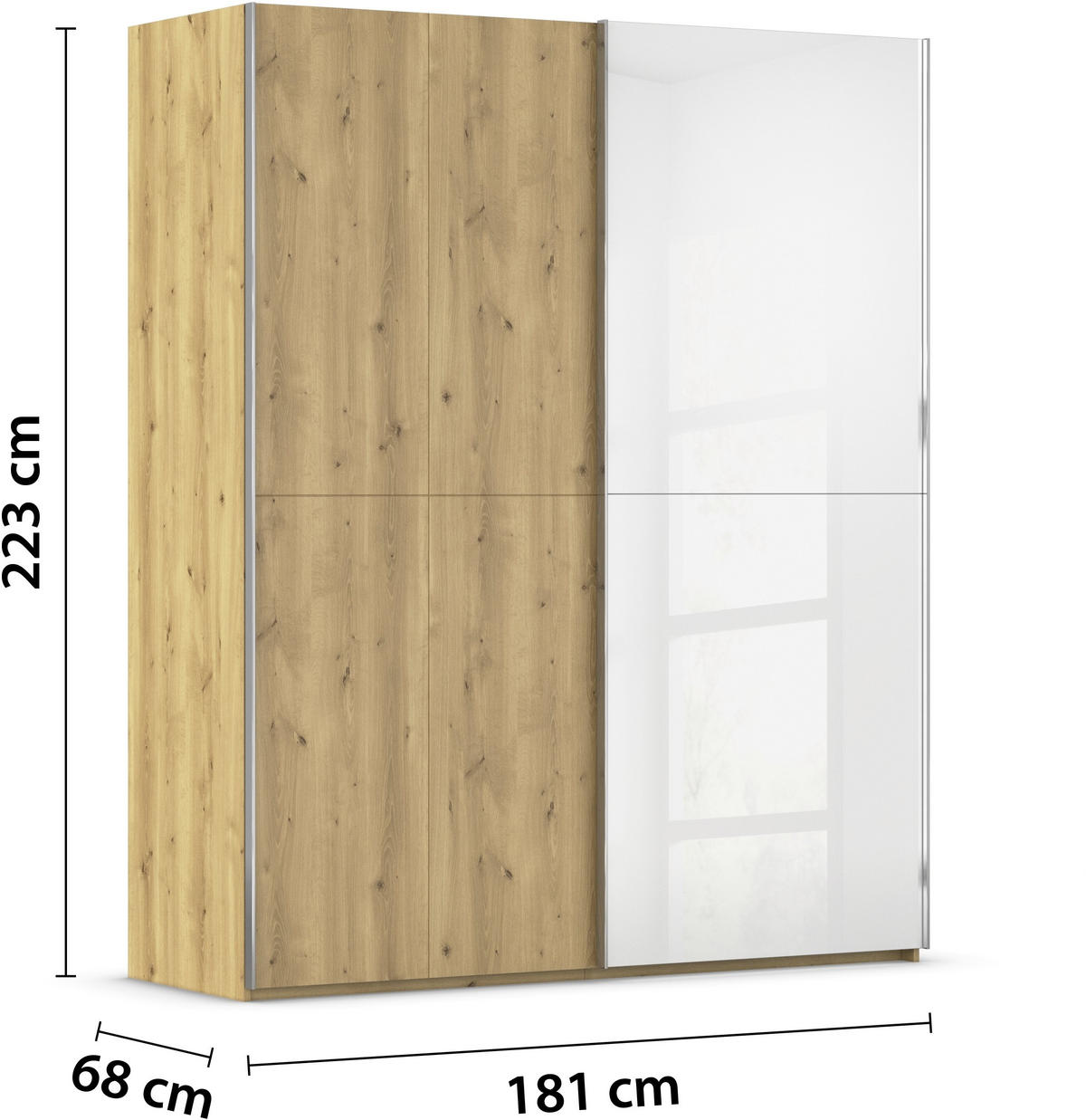 SCHWEBETÜRENSCHRANK 180/223/68 cm 2-türig Weiß, Eichefarben, Chromfarben  - Chromfarben/Eichefarben, Design, Glas/Holz (180/223/68cm) - Novel