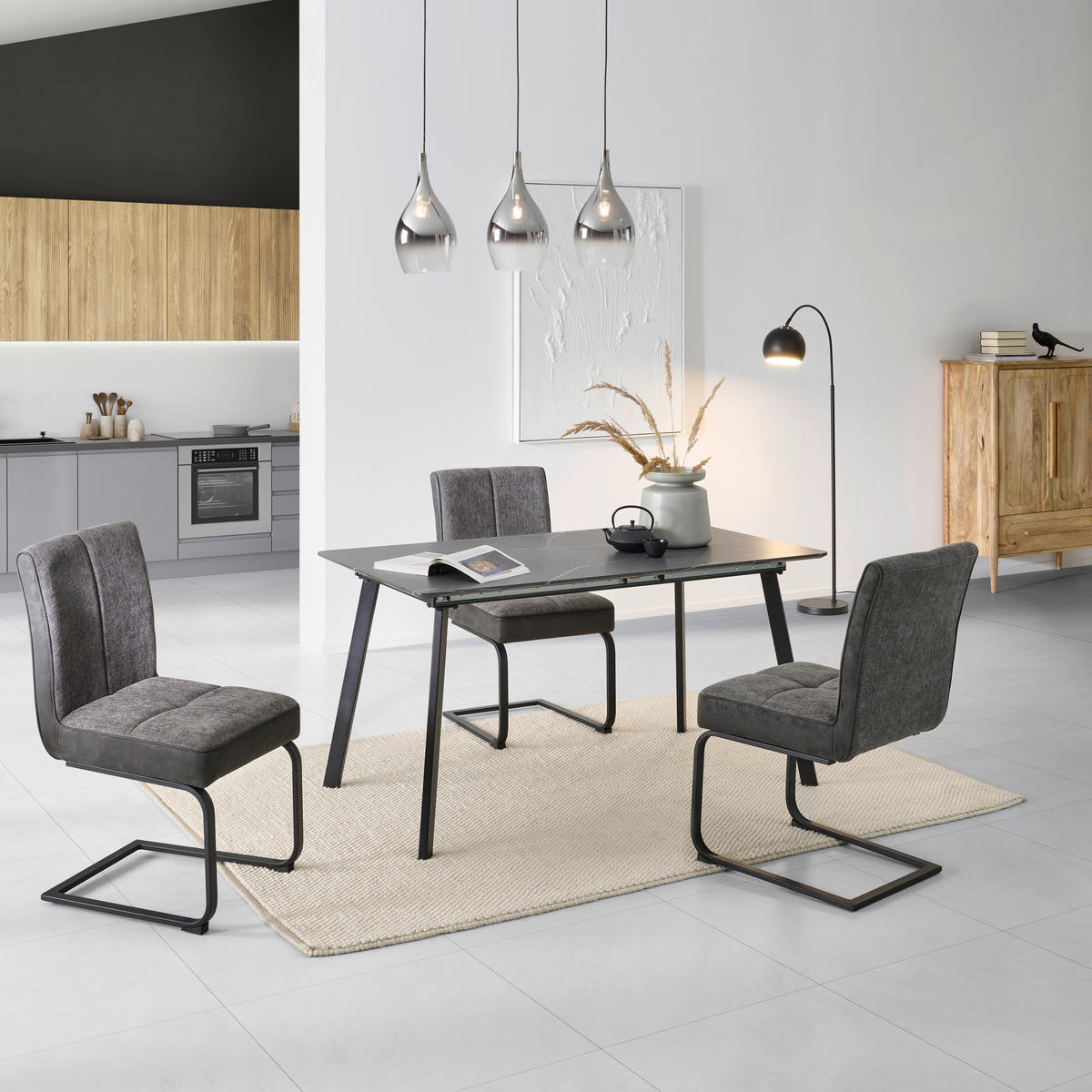 ESSTISCH Grau rechteckig  ausziehbar  - Schwarz/Grau, KONVENTIONELL, Holzwerkstoff/Metall (140/180/75/80cm) - MID.YOU