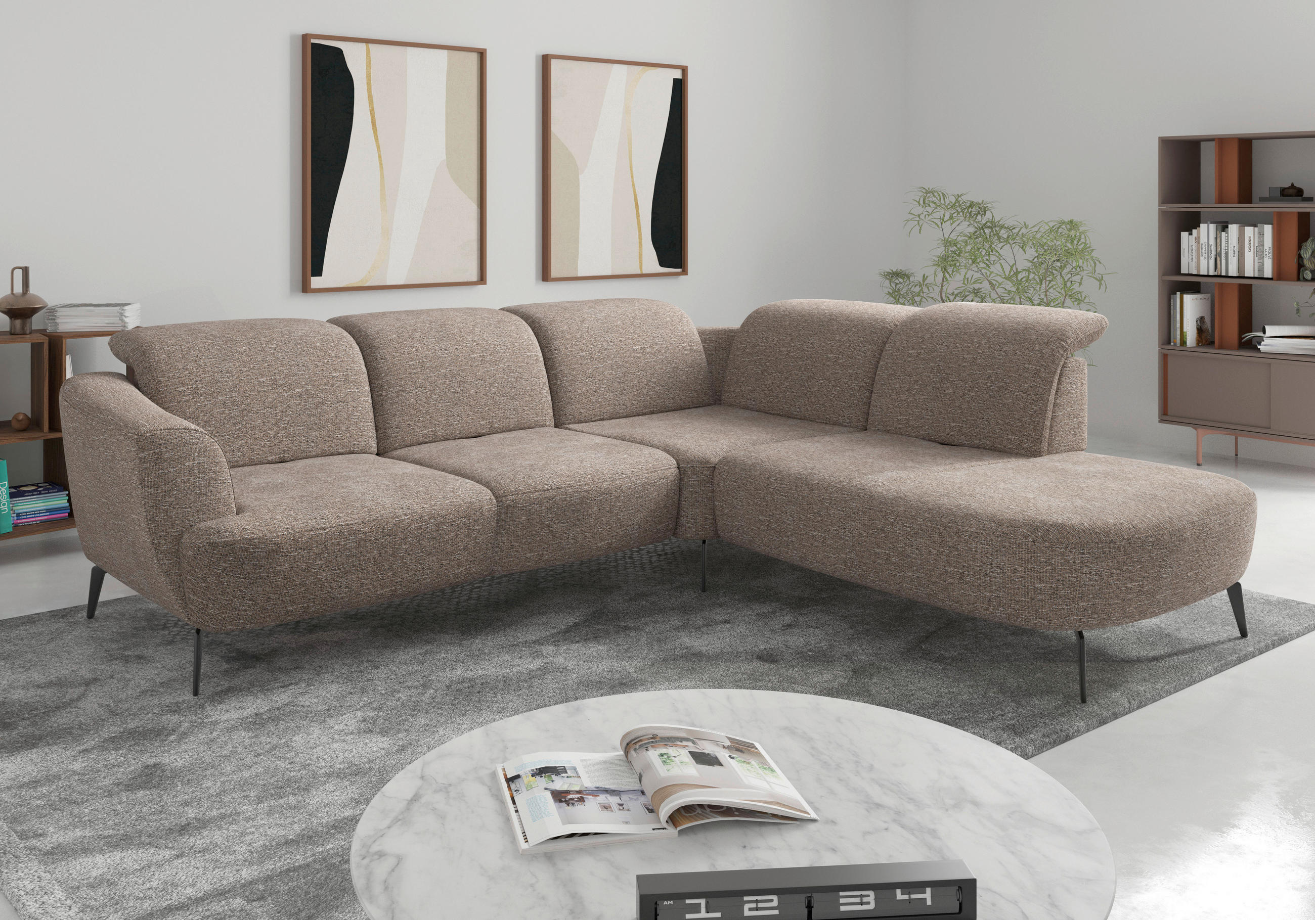 ECKSOFA ZOE E Cappuccino Chenille  - Schwarz/Cappuccino, KONVENTIONELL, Textil/Metall (300/267cm) - Sit & More