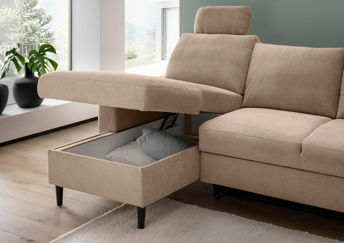 ECKSCHLAFSOFA in Chenille Hellbraun  - Hellbraun/Schwarz, MODERN, Holz/Textil (147/234cm) - Livetastic