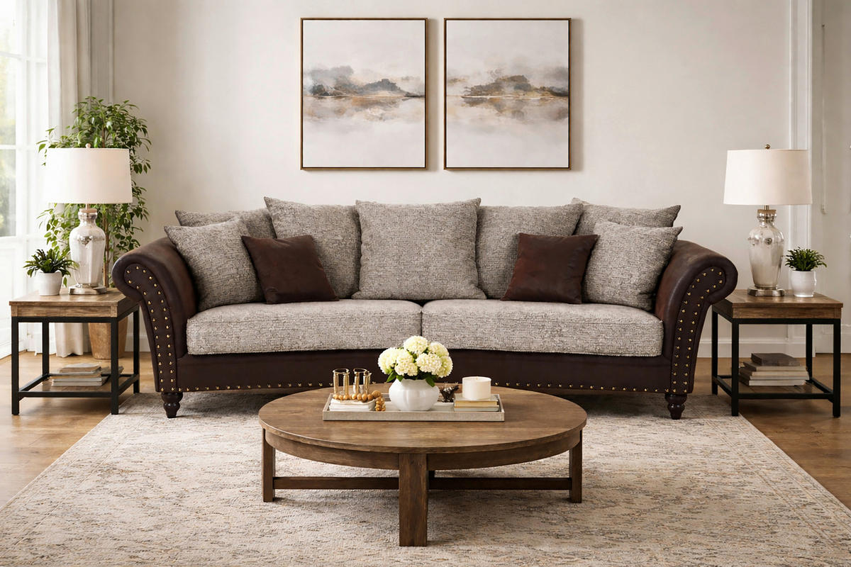 MEGA ZOFA,  rjava tekstil  - temno rjava/rjava, Romantika, tekstil/les (273/79/50/125cm) - Landscape