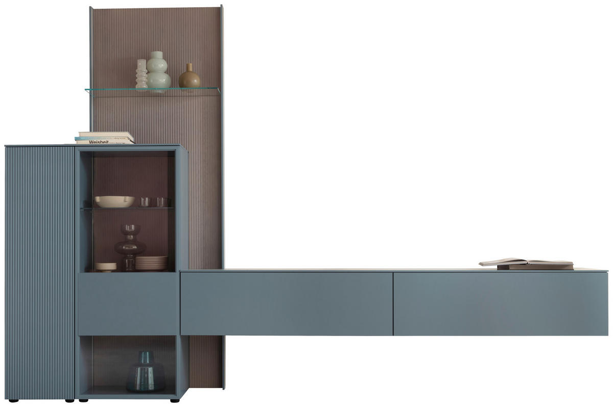 WOHNWAND  in Blaugrau, Eiche grau 340/234/45 cm  - Eiche grau/Blaugrau, Design, Glas/Holz (340/234/45cm) - Schöner Wohnen