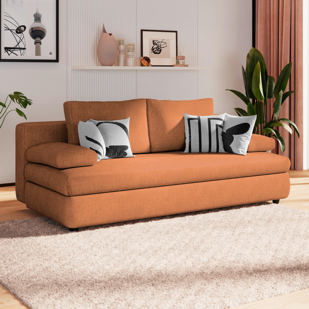 Canapea Extensibila, lemn, plastic, textil, teracotă - teracotă, Trend, plastic/lemn (205/72/100cm)