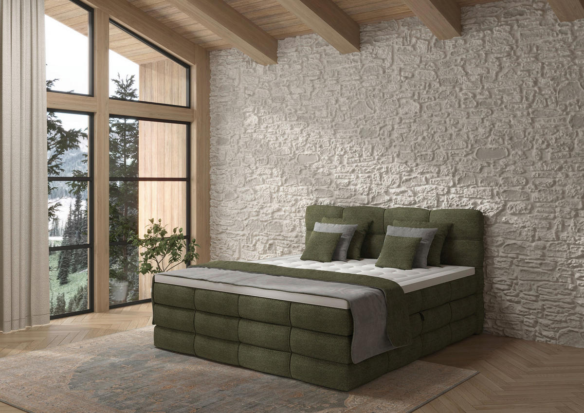 BOXSPRINGBETT 160/200 cm,  in Grün, gepolstertes Kopfteil, Bettkasten, Topper, Matratzen, H3 + H3 = fest  - Schwarz/Grün, Design, Kunststoff/Textil (160/200cm) - Chameo