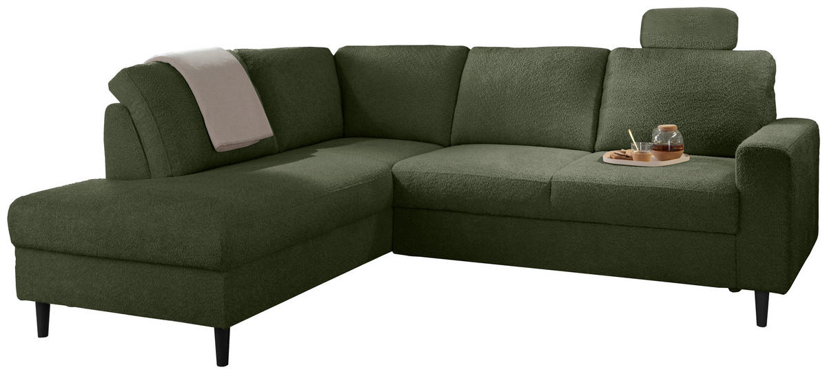 ECKSCHLAFSOFA in Bouclé Dunkelgrün  - Dunkelgrün/Schwarz, MODERN, Holz/Textil (200/242cm) - Livetastic