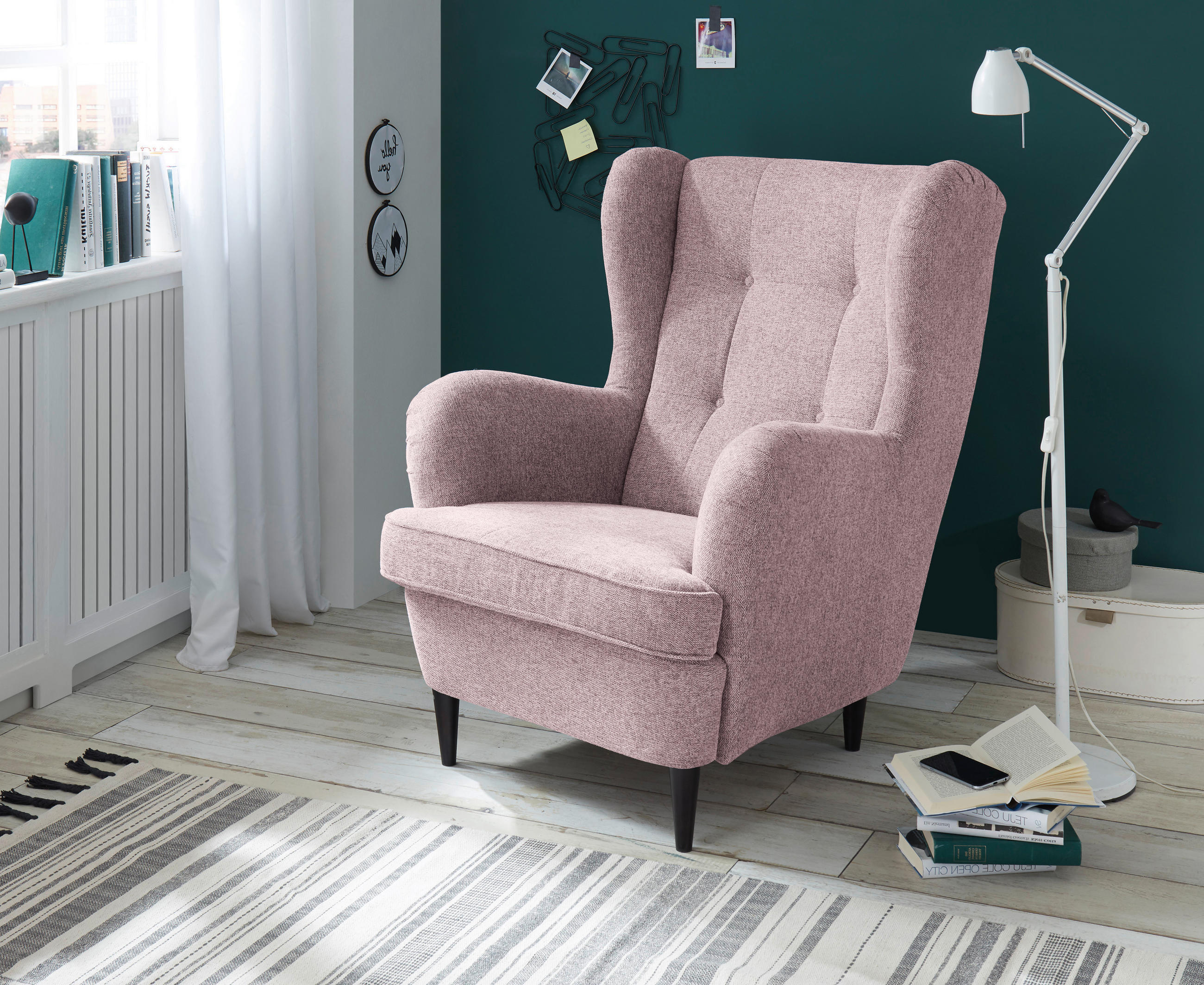 KŘESLO UŠÁK, textil, kompozitní dřevo, světle růžová - černá/světle růžová, Basics, kompozitní dřevo/textil (78/102/98cm) - MID.YOU