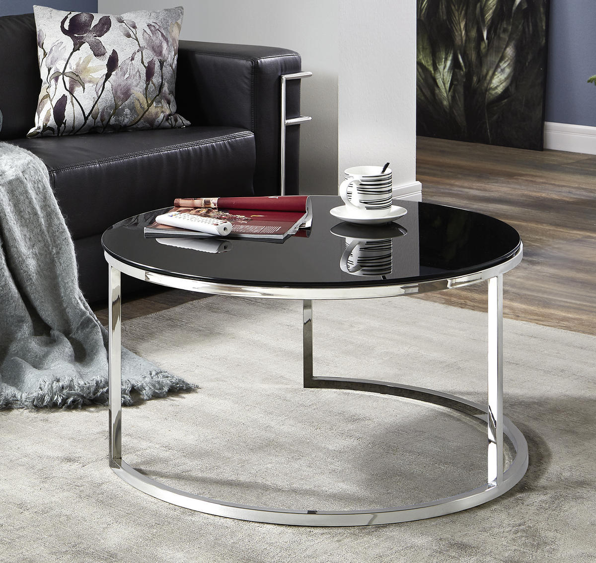 COUCHTISCH Sicherheitsglas 80/80/42 cm rund Schwarz, Edelstahlfarben  - Edelstahlfarben/Schwarz, Natur, Glas/Metall (80/80/42cm)