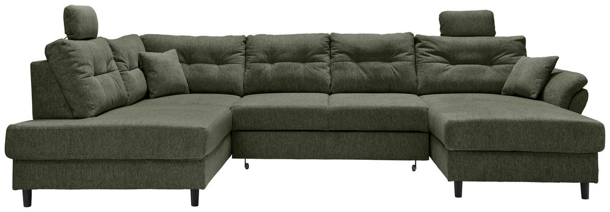 WOHNLANDSCHAFT Dunkelgrün Chenille  - Dunkelgrün/Schwarz, MODERN, Holz/Textil (206/338/176cm) - Livetastic