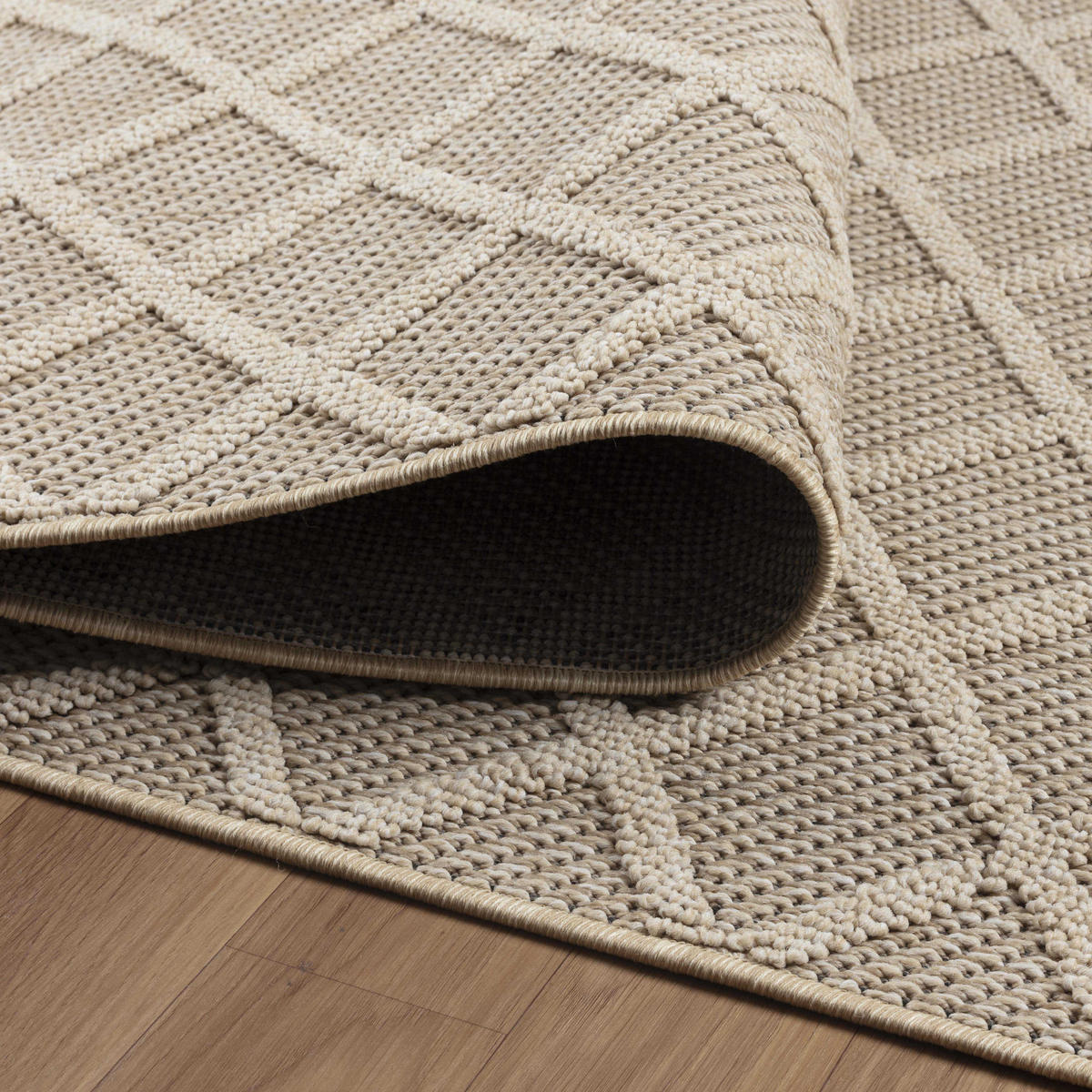 TEPPICH Outdoor Flachgewebe Rauten-Muster Polypropylen Balkon Beige Läufer 80x250 - Beige, Textil (80/250cm) - KADIMA DESIGN