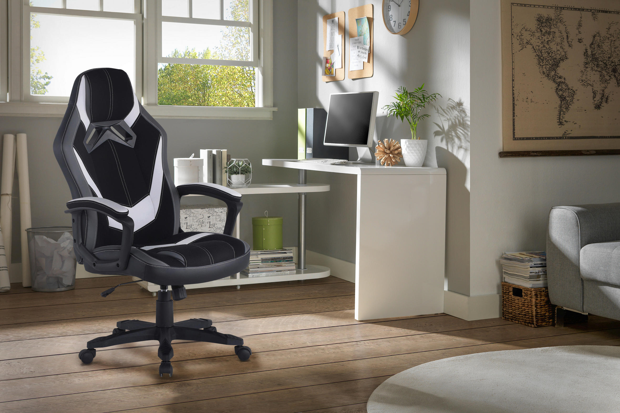 GAMINGSTUHL Grau, Schwarz, Weiß Metall, Kunststoff, Textil   - Schwarz/Weiß, Design, Kunststoff/Textil (64,5/112-122/69cm) - Livetastic