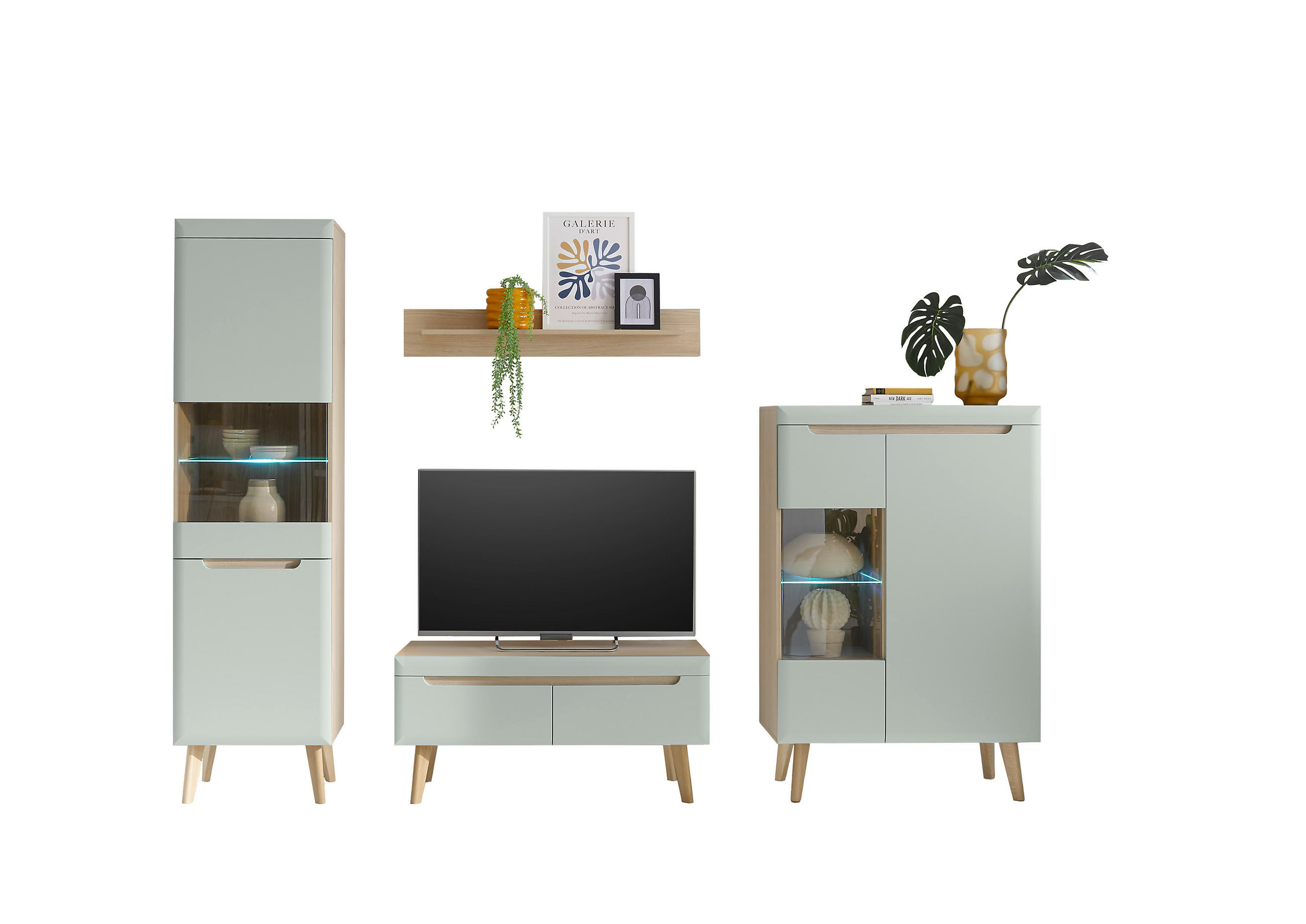 WOHNWAND 4-teilig  in Grün, Eichefarben  290/197/40 cm  - Eichefarben/Grün, Design, Holzwerkstoff (290/197/40cm) - MID.YOU