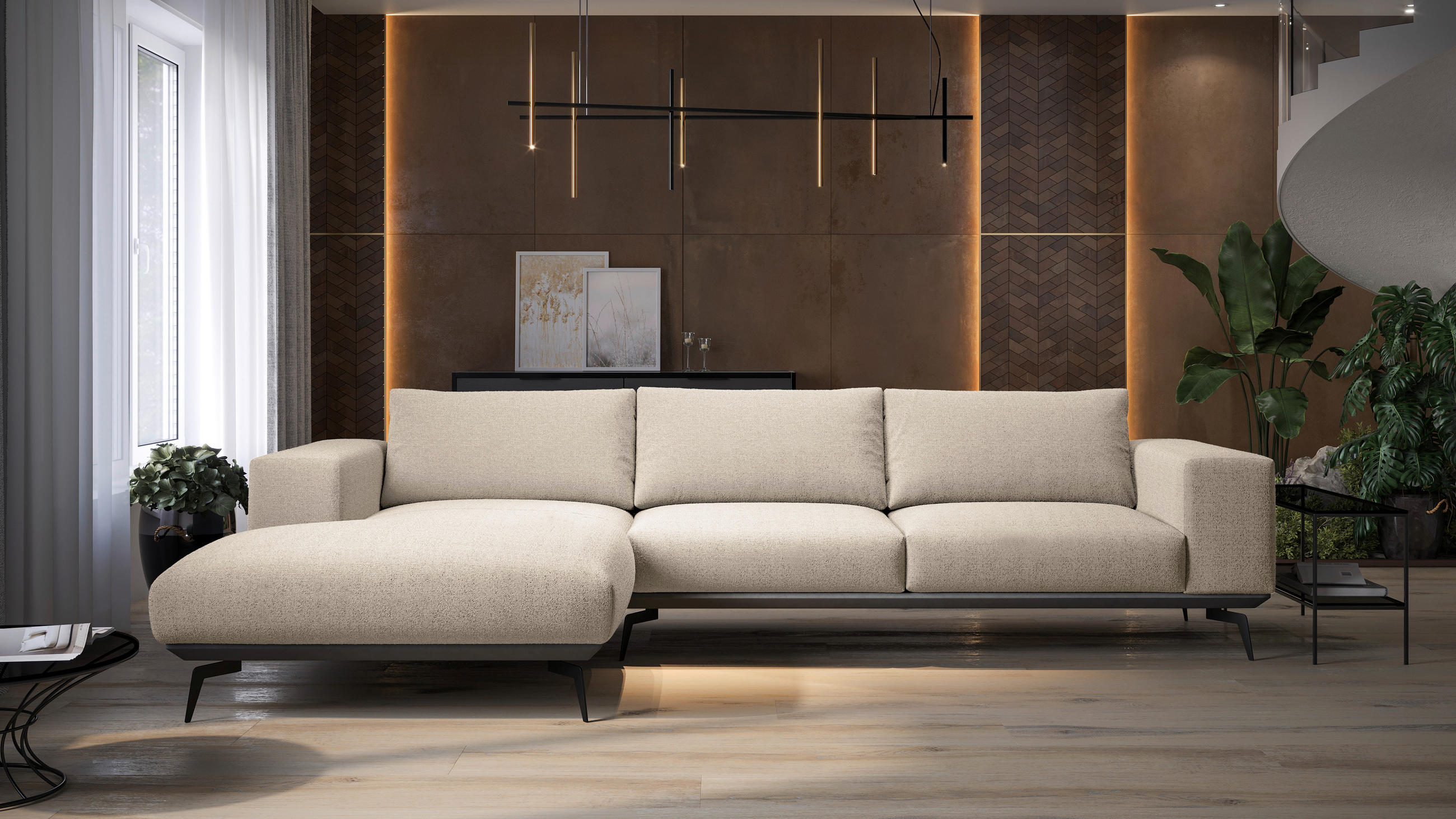 ECKSOFA Creme Chenille  - Creme/Schwarz, Design, Holz/Textil (180/330cm) - MID.YOU