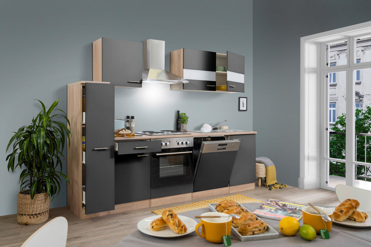 KÜCHENBLOCK 250 cm   in Grau  - Edelstahlfarben/Eichefarben, Basics, Holzwerkstoff/Metall (250cm) - Respekta