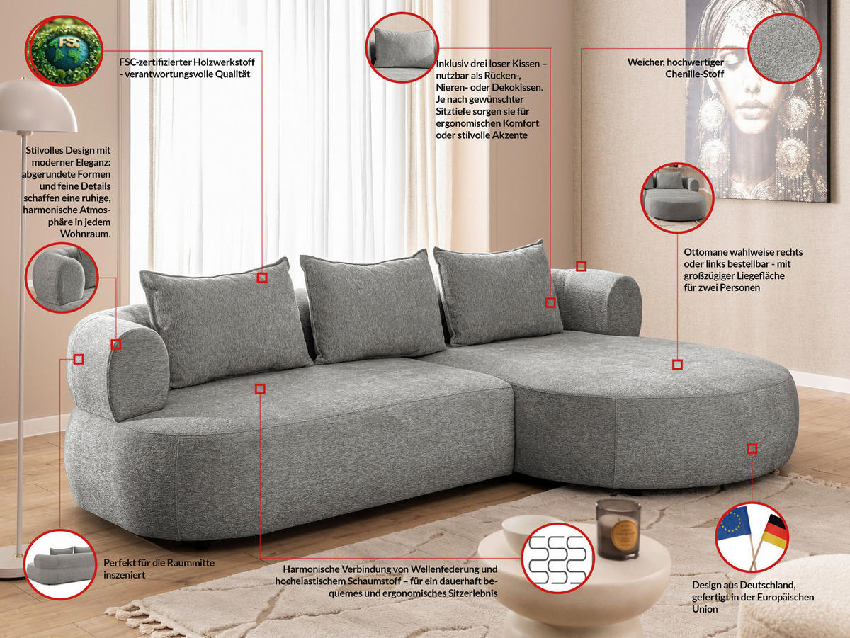 ECKSOFA in Chenille Grau  256/156 cm  - Schwarz/Grau, Design, Kunststoff/Textil (256/156cm) - Livetastic
