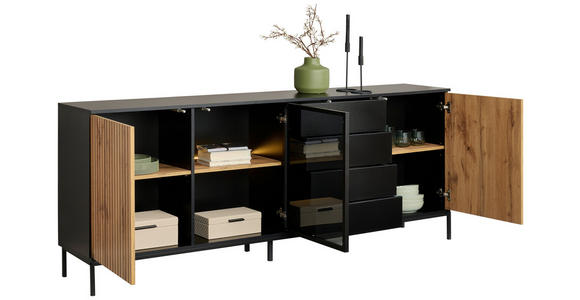 SIDEBOARD  in 205,8/81/38 cm  - Eiche Wotan/Schwarz, KONVENTIONELL, Glas/Holzwerkstoff (205,8/81/38cm) - Xora