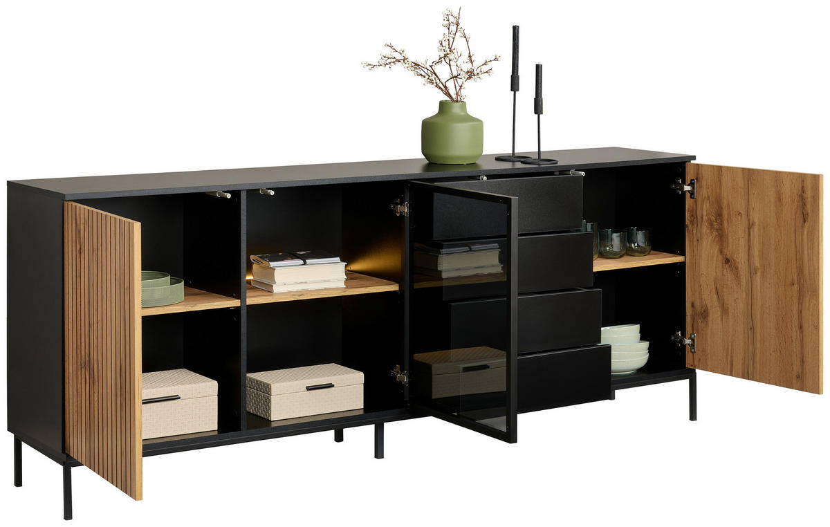 SIDEBOARD  in 205,8/81/38 cm  - Eiche Wotan/Schwarz, KONVENTIONELL, Glas/Holzwerkstoff (205,8/81/38cm) - Xora