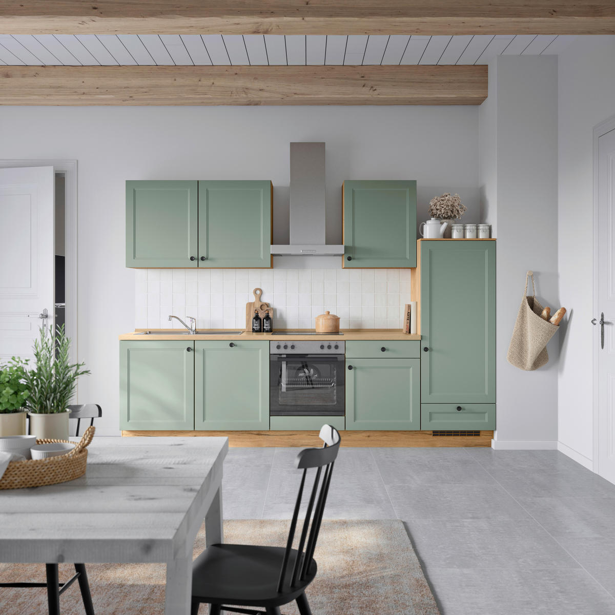 BUCĂTĂRIE FĂRĂ ELECTROCASNICE  - verde/culoare lemn stejar, Modern, metal/material pe bază de lemn (300cm) - Nobilia