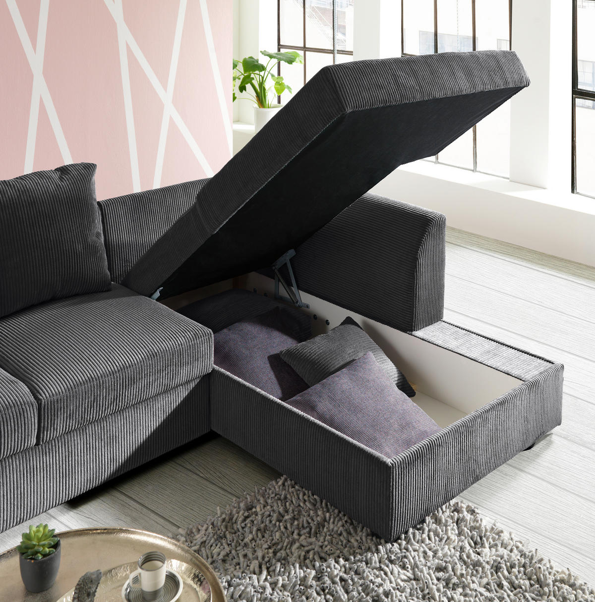 ECKSOFA in Cord Anthrazit  - Anthrazit/Schwarz, Design, Kunststoff/Textil (259/174cm) - Cantus