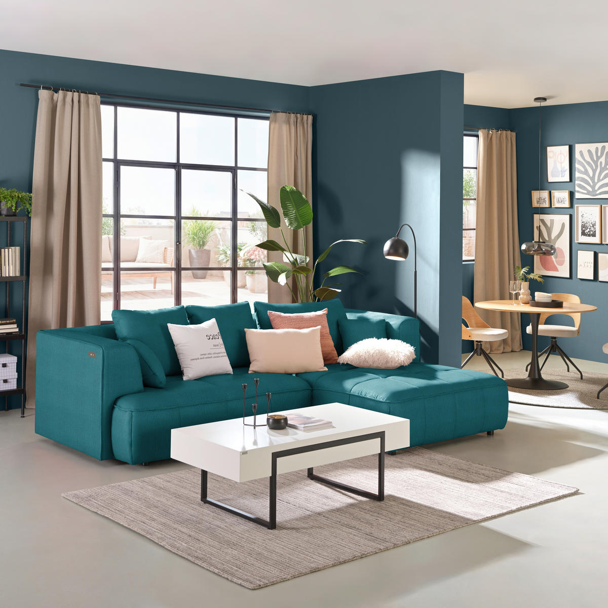 ECKSOFA Feincord Petrol  - Petrol/Schwarz, Design, Kunststoff/Textil (288/188cm) - Welnova