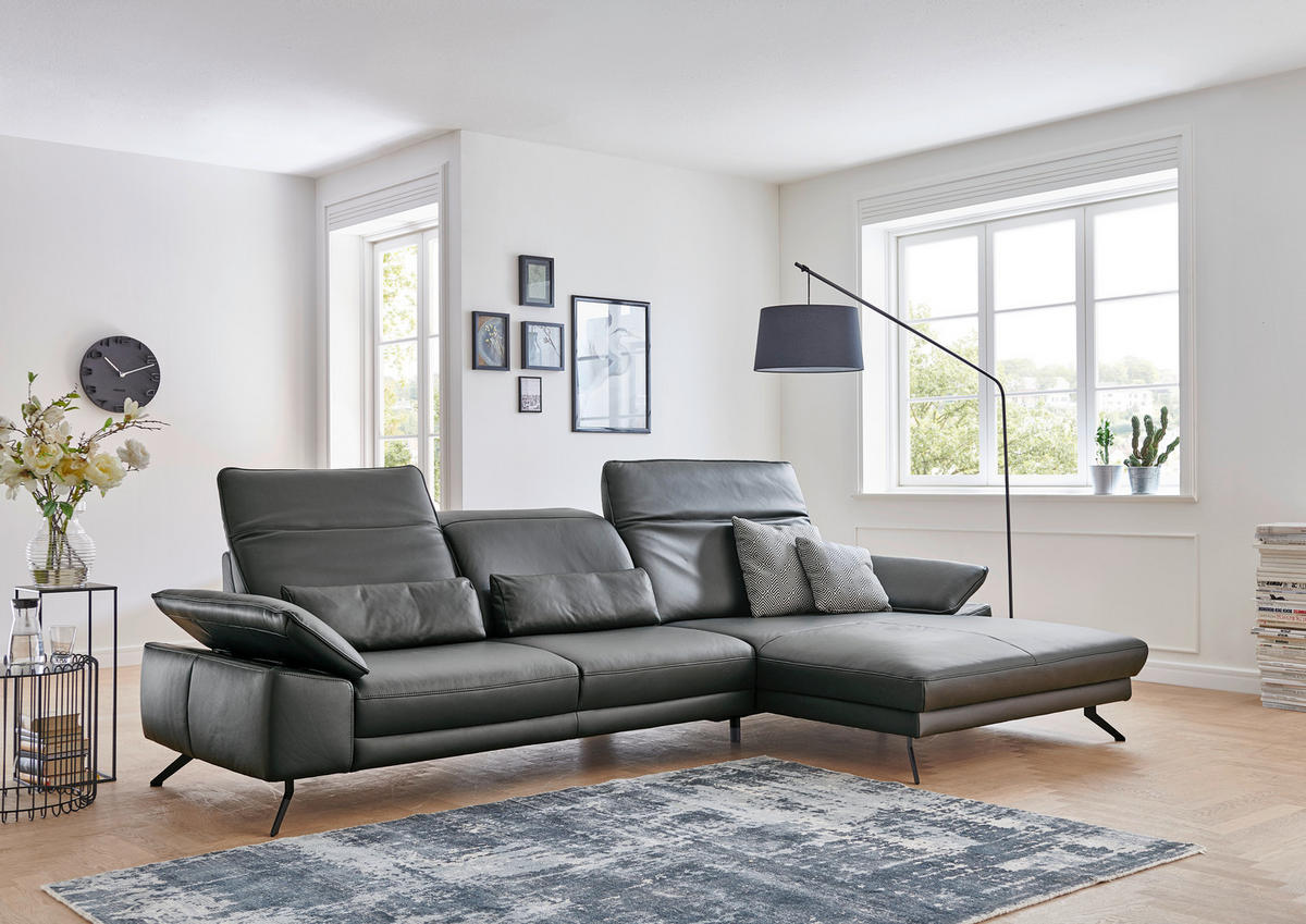ECKSOFA in Echtleder Anthrazit  193/332 cm  - Anthrazit/Schwarz, Design, Leder/Metall (193/332cm) - Dieter Knoll