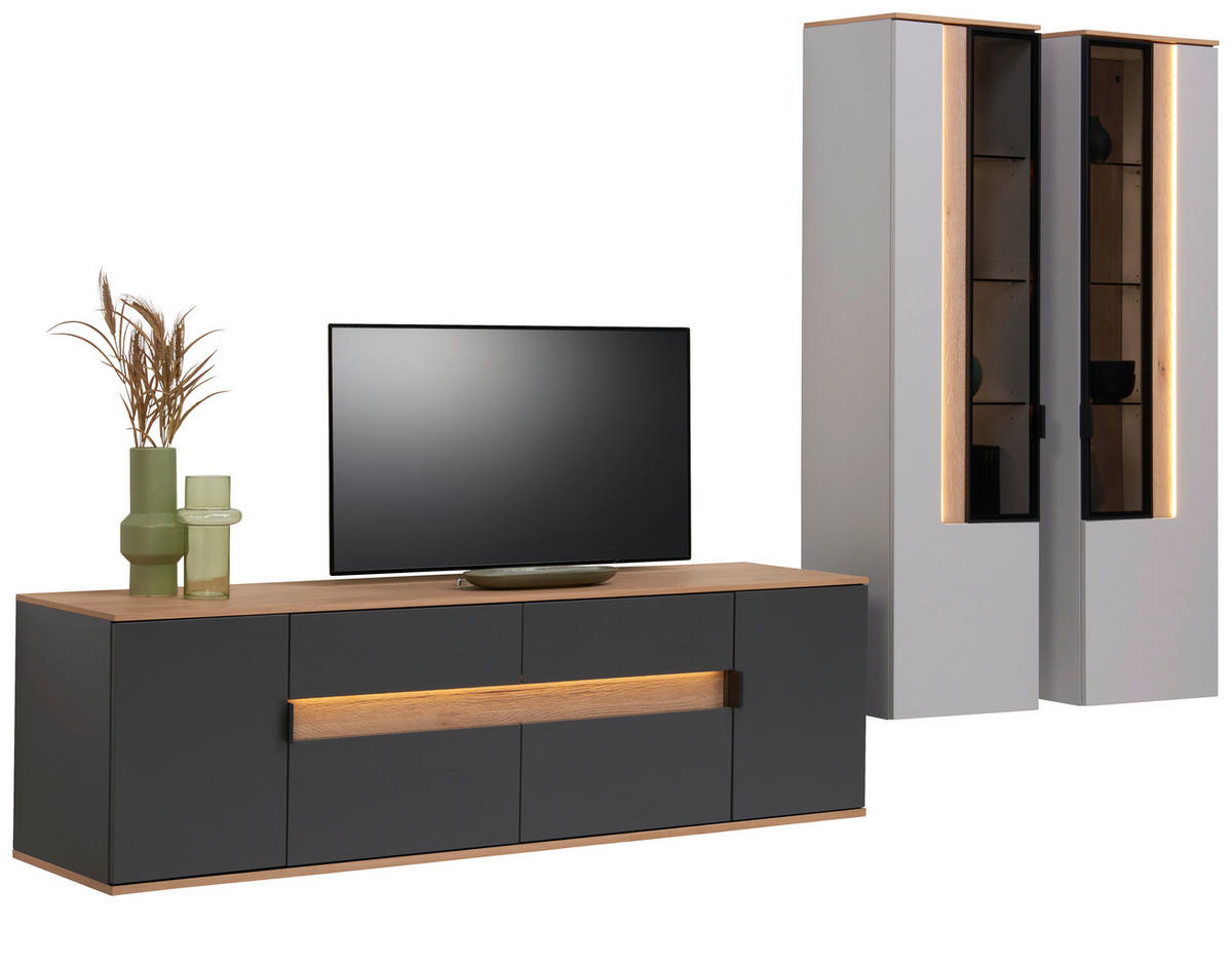 WOHNWAND 3-teilig  in Anthrazit, Grau, Eichefarben  297/198/48 cm    - Eichefarben/Anthrazit, Design, Glas/Holz (297/198/48cm) - Dieter Knoll