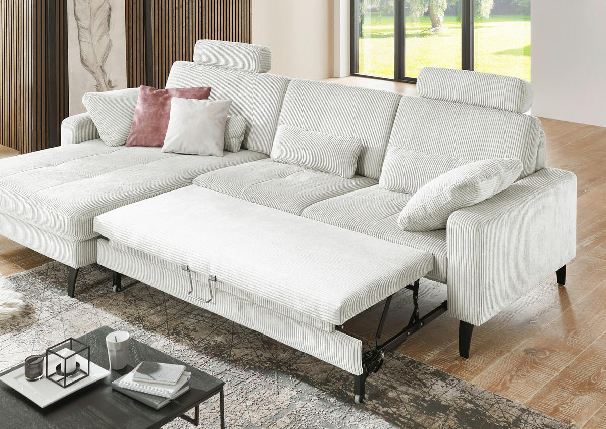 ECKSOFA in Cord Creme  - Creme/Schwarz, Modern, Textil/Metall (177/302cm) - Beldomo Style