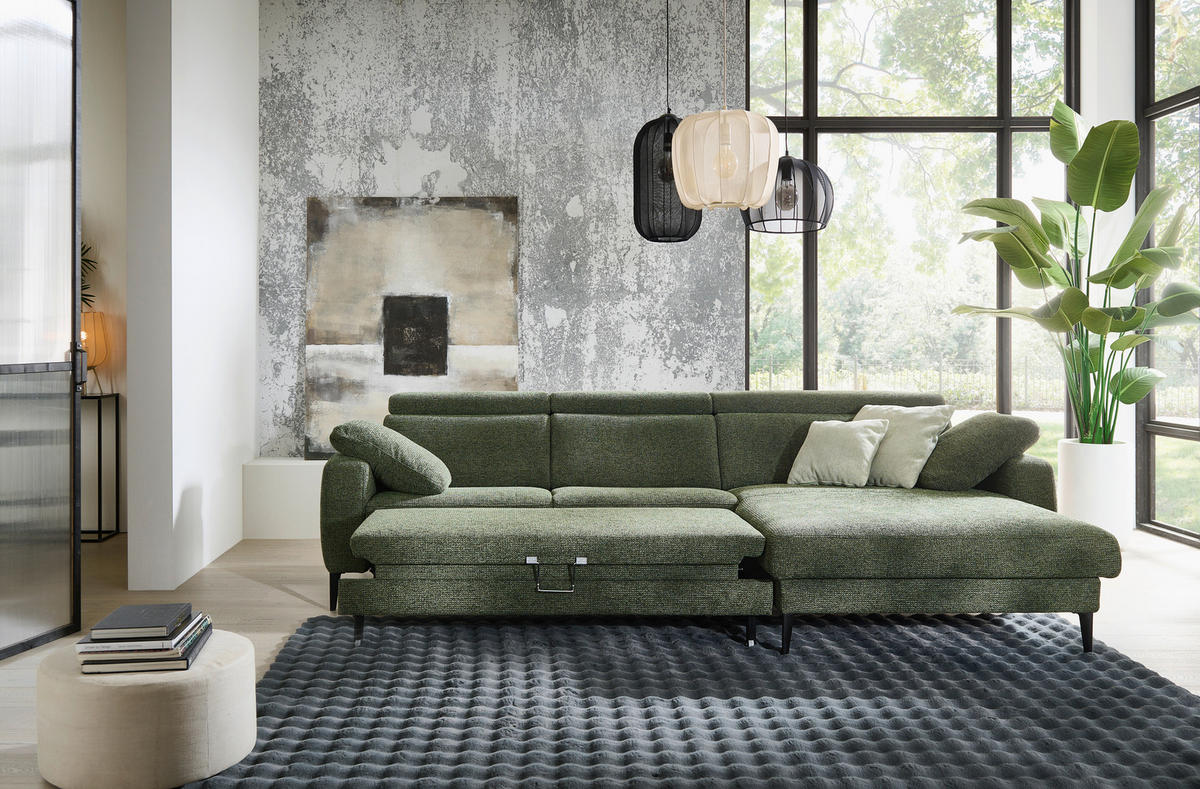 ECKSOFA Grün Chenille  - Schwarz/Grün, KONVENTIONELL, Textil/Metall (300/177cm) - Valdera