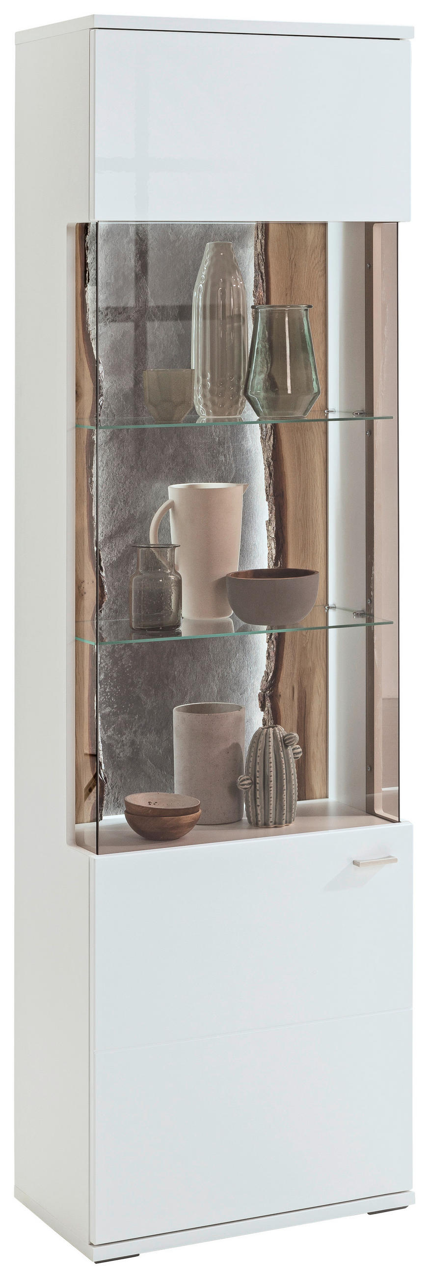 VITRINE  in massiv Grau, Weiß, Eichefarben, Weiß Hochglanz  - Eichefarben/Weiß Hochglanz, Design, Glas/Holz (60,1/207,4/37,2cm) - SetOne by Musterring