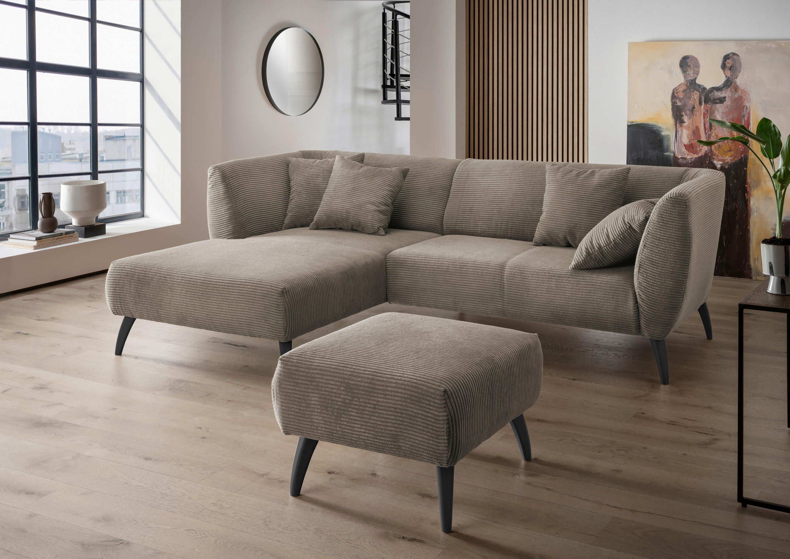 ECKSOFA Graubraun Cord  - Graubraun/Schwarz, MODERN, Holz/Textil (160/264cm) - MID.YOU