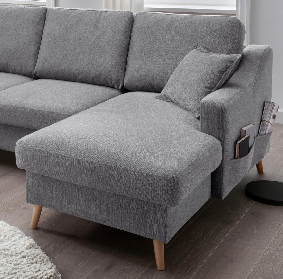 WOHNLANDSCHAFT Dunkelgrau Chenille  - Dunkelgrau/Naturfarben, KONVENTIONELL, Holz/Textil (200/301/150cm) - Livetastic