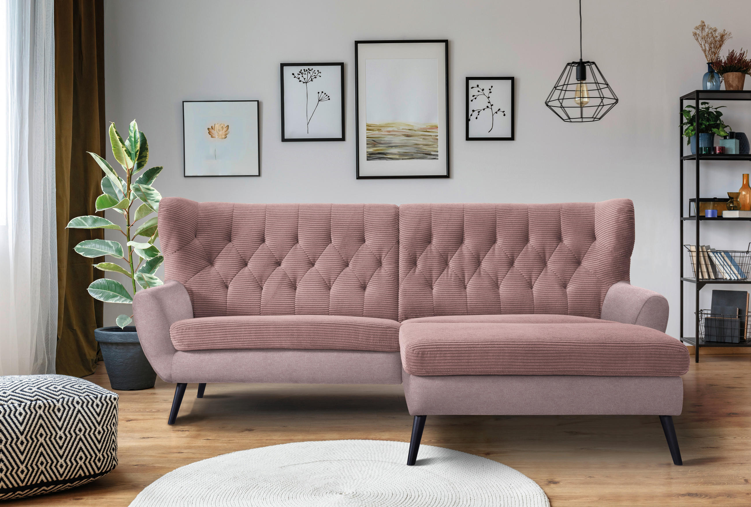 ECKSOFA Rosa Cord  - Schwarz/Rosa, Design, Holz/Textil (237/165cm) - Stylife