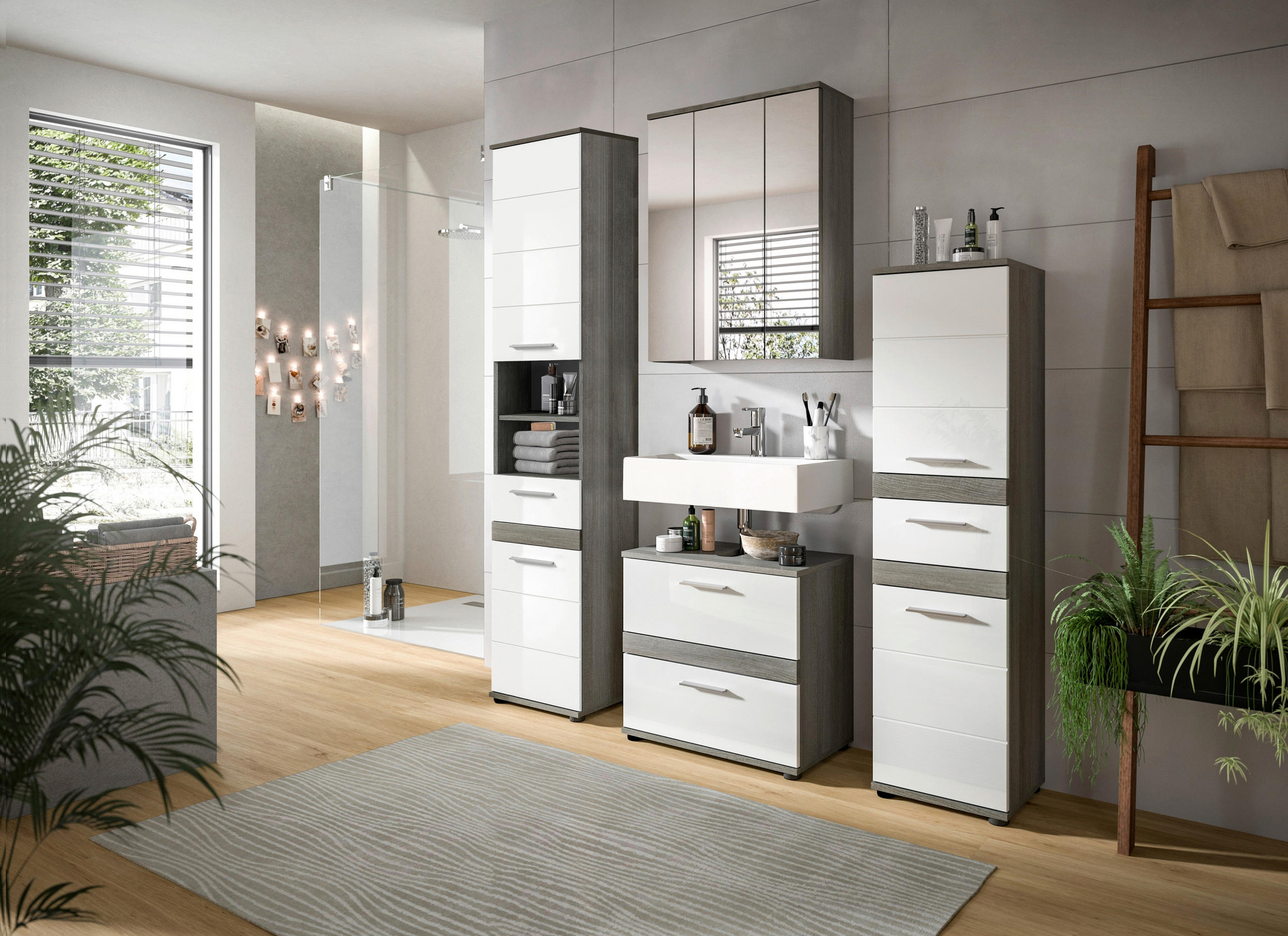 BADEZIMMER 4-teilig in 150 cm - Weiß Hochglanz/Silberfarben, MODERN, Glas/Holzwerkstoff (150cm) - MID.YOU