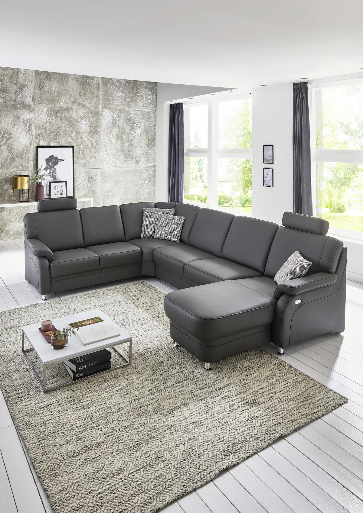 WOHNLANDSCHAFT Anthrazit Echtleder  - Anthrazit/Alufarben, KONVENTIONELL, Leder/Metall (239/329/165cm) - Beldomo Premium