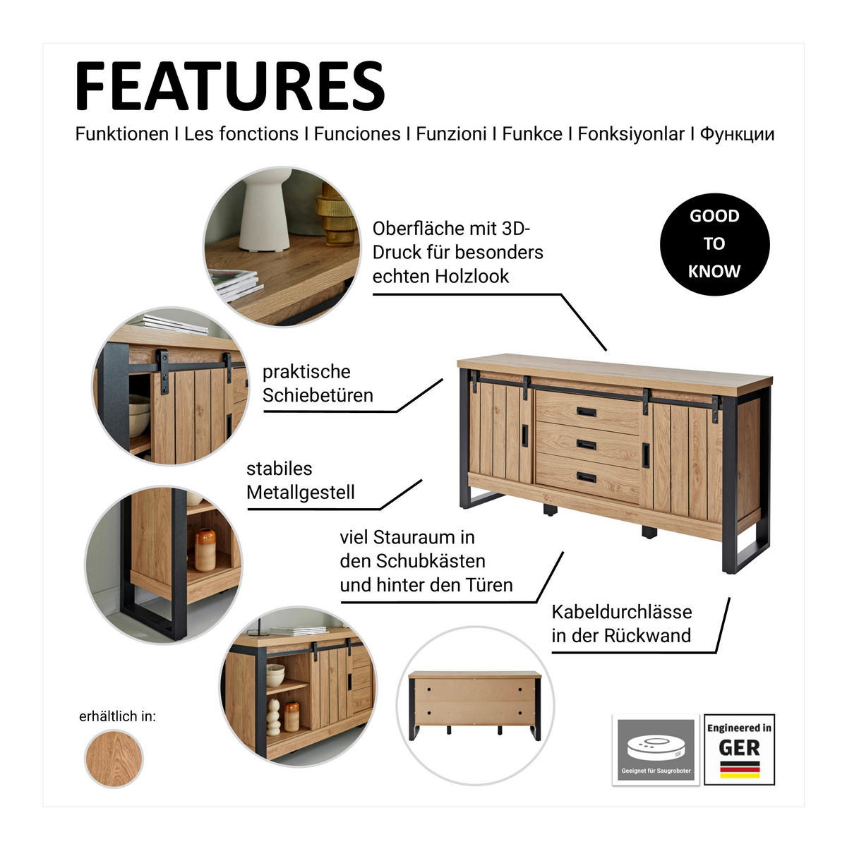SIDEBOARD 153/75/39 cm  in Eichefarben  - Eichefarben/Schwarz, Modern, Holzwerkstoff/Metall (153/75/39cm) - MID.YOU