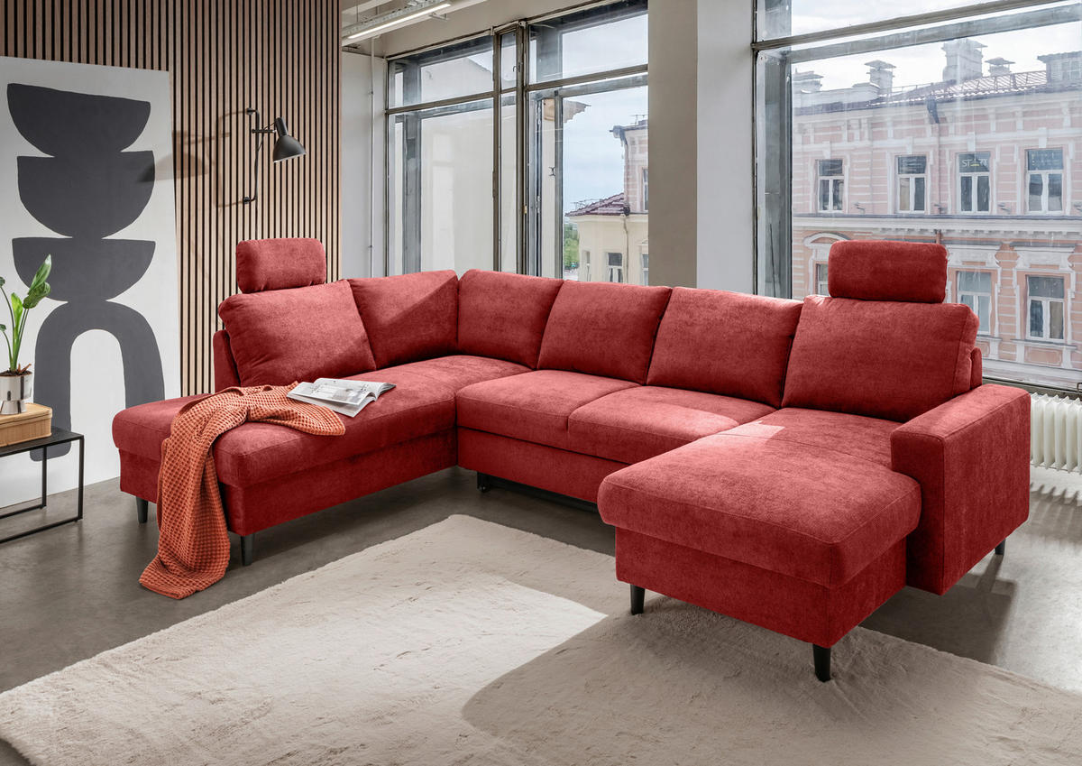 WOHNLANDSCHAFT Chenille Rot  - Rot/Schwarz, Modern, Holz/Textil (200/305/153cm) - Livetastic