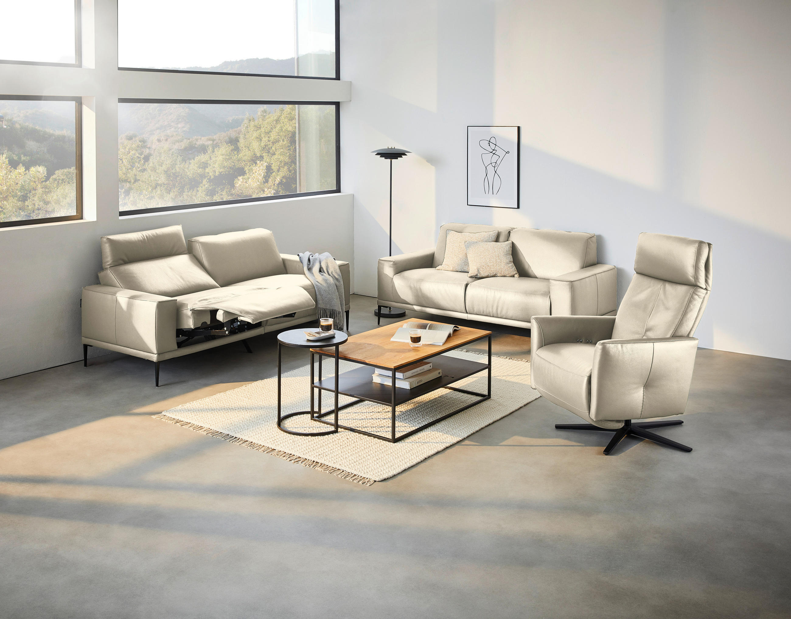 2,5-SITZER in Leder Creme  - Creme/Schwarz, Design, Leder/Metall (200/102/92cm) - Johann Jakob